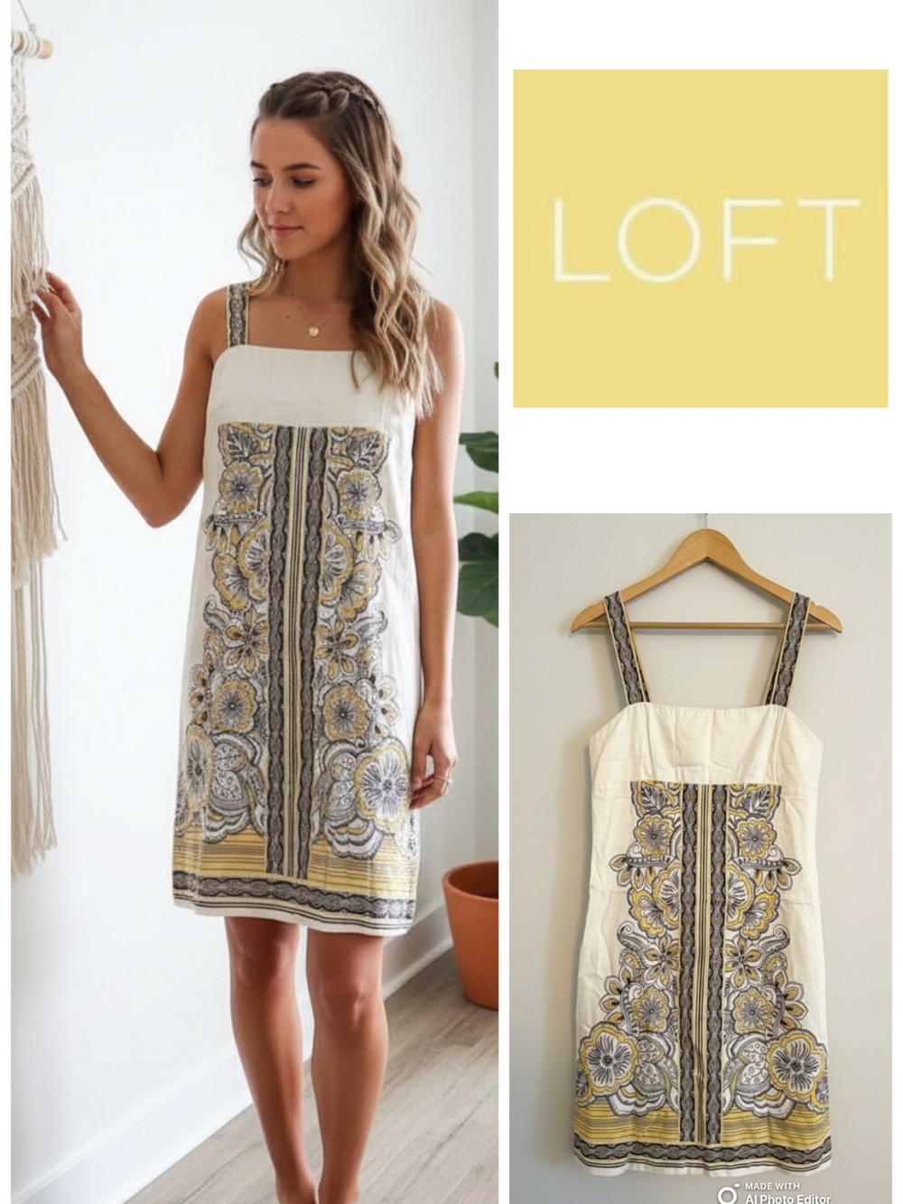 LOFT Cream Sundress with Yellow & Brown Floral Border